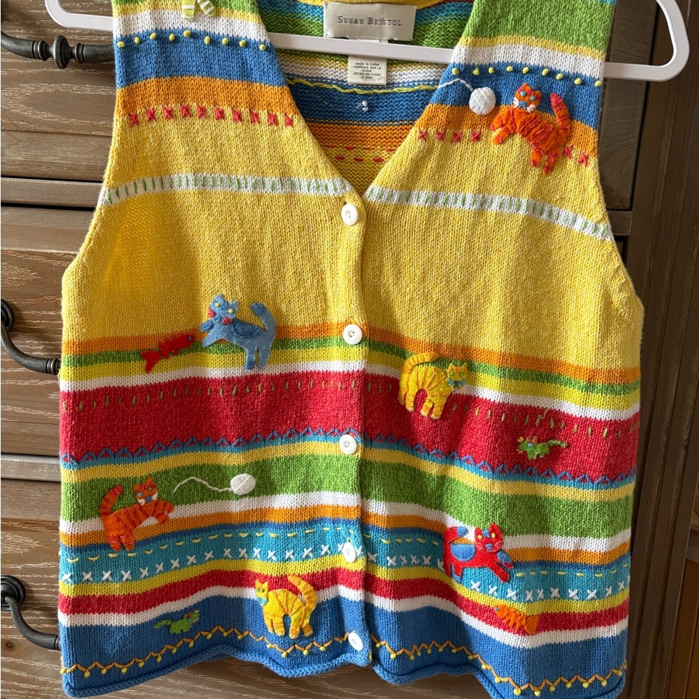 Colorful Cat Knit Vest by Susan Bristol